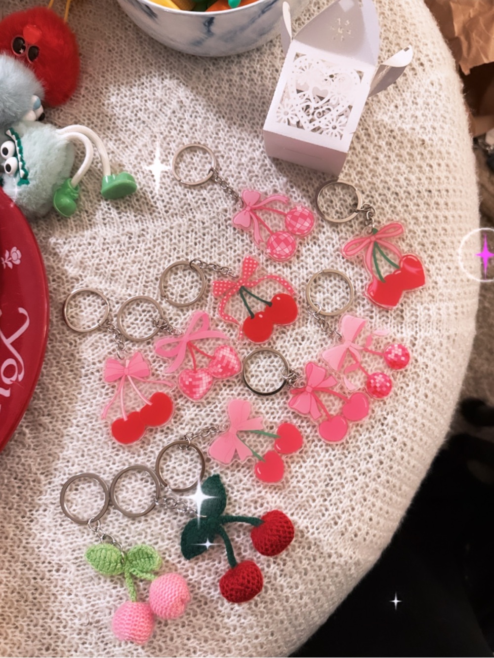 SUMMERTIME Cherry Keychains ! Disco ball or crochet you pick!